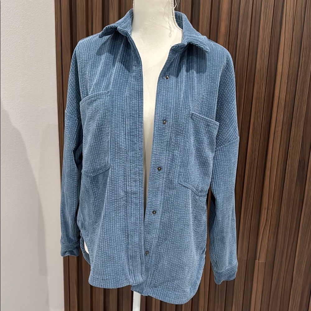 Zara Blue Corduroy Snap Button Shirt Jacket XS Oversized